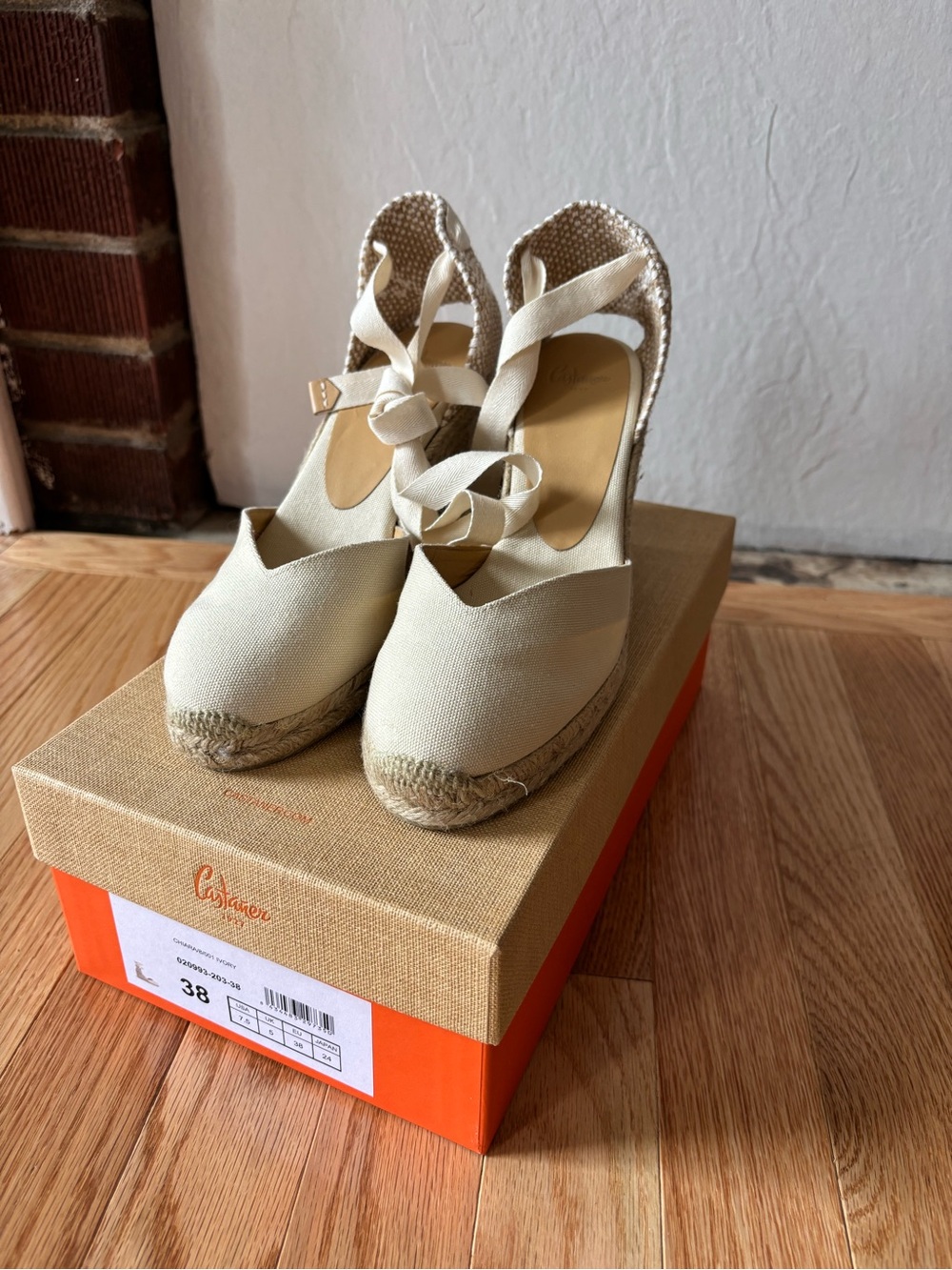 Castaner Cream Canvas Espadrille Wedges with Ankle Tie